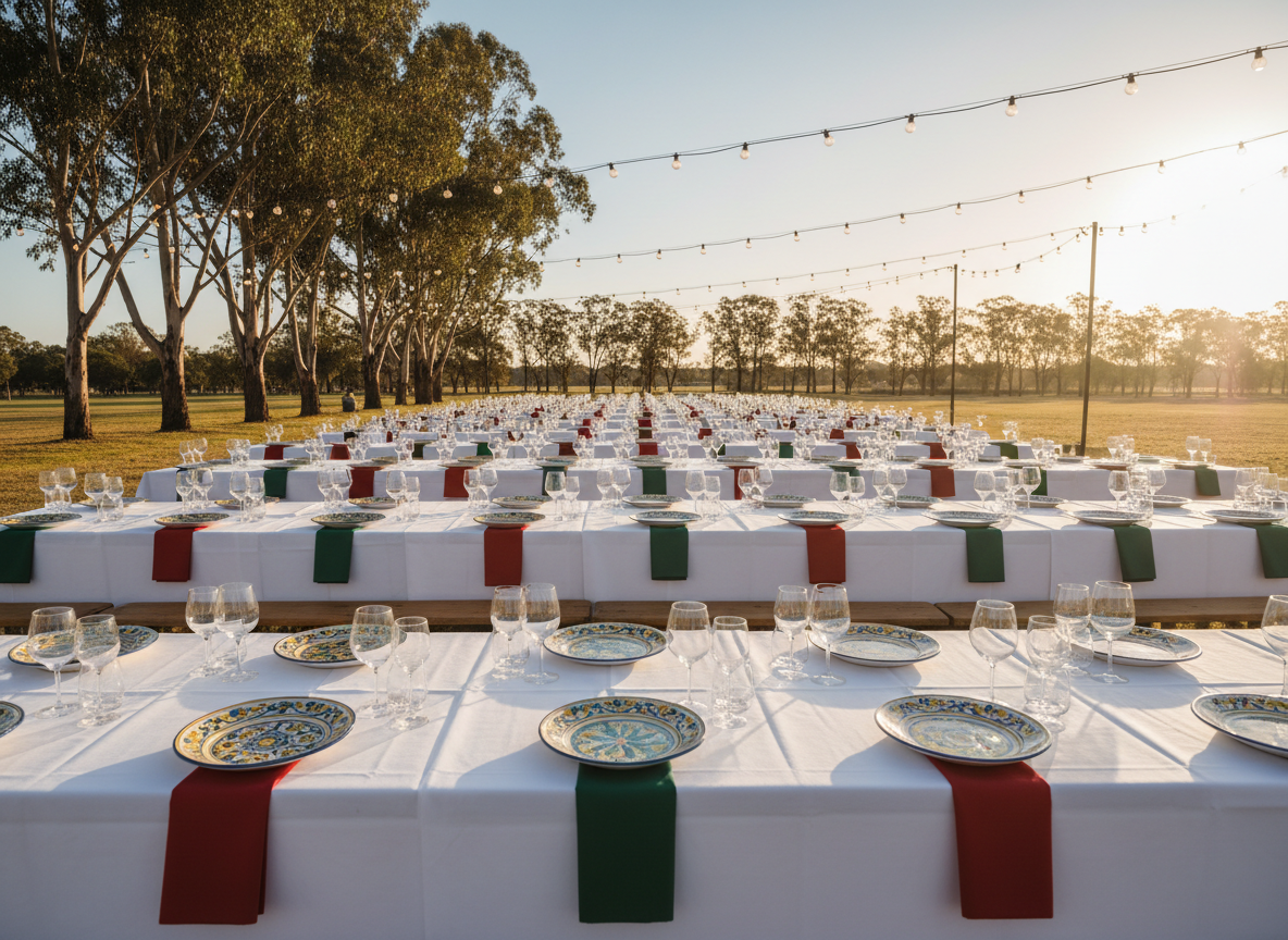 An expansive outdoor festival scene depicted through objects only: long rows of wooden trestle tables covered in crisp white cloths, laden with classic Italian ceramic serving platters, empty wine glasses, and folded napkins in red, white, and green. In the distance, a clearly recognizable Australian eucalyptus tree line and string lights gently zigzagging overhead. Late afternoon golden hour sunlight bathes the setting, casting warm glows and elongated shadows, suggesting an imminent celebration. Captured from a slightly elevated angle in photographic realism, with sharp focus in the foreground and mild background blur, the mood is anticipatory, festive, and professional, evoking the long-standing Festa Monsoretana in Australia without any human presence.