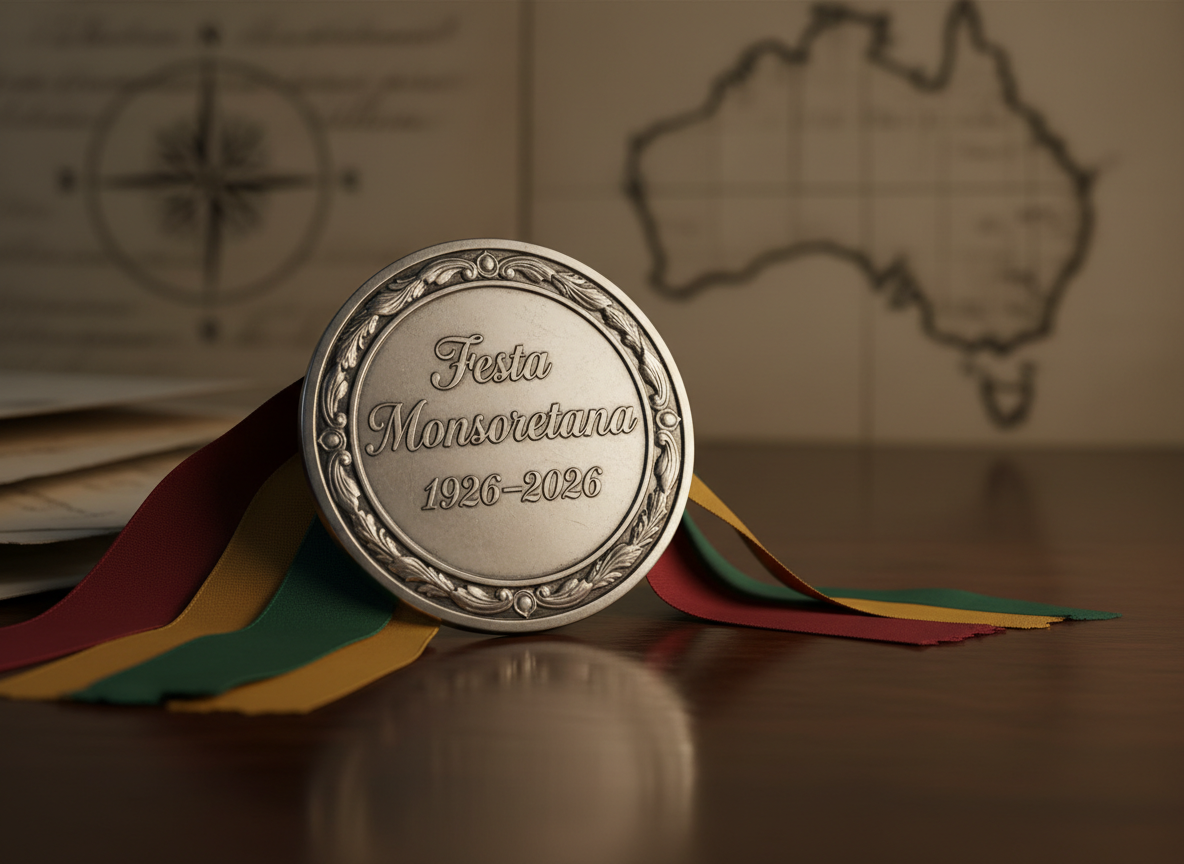 A richly detailed close-up of an ornate, vintage silver medal engraved with “Festa Monsoretana 1926–2026” resting on a dark, polished wooden table. Around it lie neatly arranged colorful ribbon fragments in deep red, forest green, and gold, symbolizing Italian heritage and Australian celebration. Soft, warm studio lighting from the right creates subtle highlights on the engraved dates and a gentle shadow to the left, emphasizing texture and age. The background is softly blurred, with hints of archival documents and an out-of-focus Australian map. Photographic realism, shot at eye level with a shallow depth of field, conveys a professional, commemorative mood honoring a centenary tradition without showing any people.