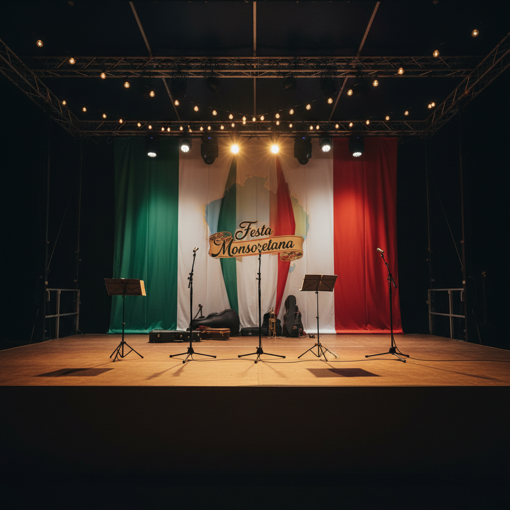 A nighttime scene of an empty festival stage prepared for Festa Monsoretana: a sturdy wooden platform with neatly arranged microphones on stands, unoccupied music stands, and closed instrument cases resting on the floor. Behind, a large fabric backdrop in Italian tricolor hues subtly blended with a faint outline of Australia. Overhead, string lights and professional stage spotlights cast a warm, focused glow on the center of the stage, leaving the surroundings in soft darkness. Photographic realism, captured from a low, centered angle to emphasize importance and anticipation. Mild lens flare and gentle shadows add depth. The atmosphere is expectant and solemnly festive, suggesting upcoming performances without any performers present.