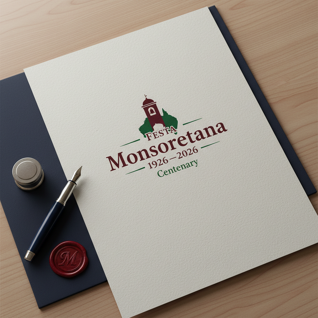 A dignified centenary logo mockup for “Festa Monsoretana 1926–2026” displayed on a textured off-white paper sheet, placed atop a dark navy-blue folder on a clean wooden desk. The logo features a stylized bell tower silhouette and a subtle outline of Australia intertwined with elegant serif typography in deep burgundy and forest green. A metal fountain pen and a small embossed wax seal sit nearby, reinforcing formality. Soft, diffused studio lighting from above highlights the paper’s grain and the slight embossing of the logo. Photographic realism, shot from a top-down perspective with sharp focus and balanced composition, creates a professional, institutional mood suitable for official event communications and the festival’s website hero section.