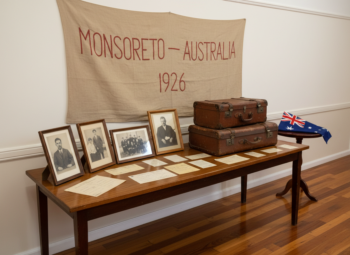 A historic display table carefully arranged inside a modest community hall: aged black-and-white photographs in simple dark wood frames, vintage suitcases with worn leather straps, old ship tickets, and a faded fabric banner embroidered with “Monsoreto – Australia 1926”. The table stands on polished timber flooring, with neutral cream walls and a discreet Australian flag folded on a side stand. Diffused overhead lighting creates even illumination and soft shadows, emphasizing textures and patina. Photographic realism from an eye-level, three-quarter angle, with a moderate depth of field that keeps all key objects in focus. The atmosphere is respectful, nostalgic, and documentary, capturing a century of Monsoretani migration history for the Festa Monsoretana website.