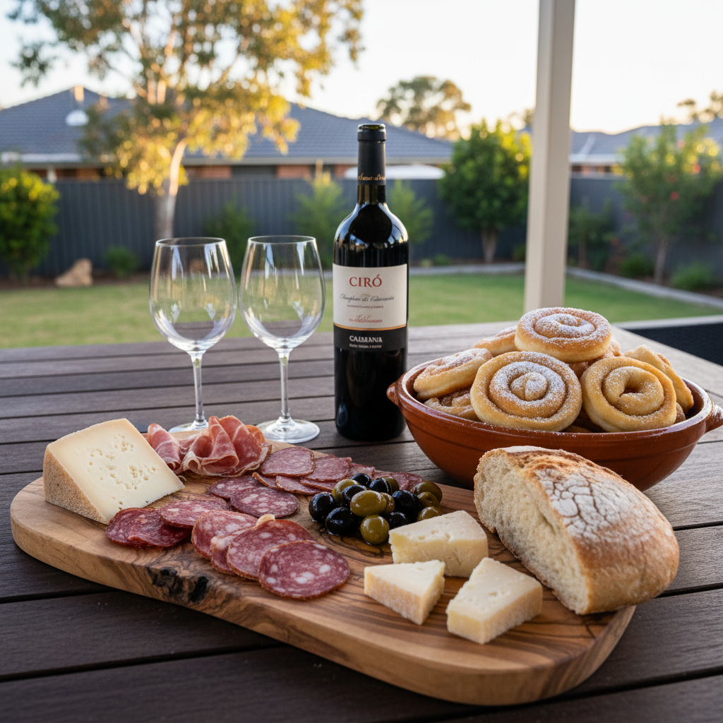 A meticulously arranged still life of traditional Calabrian food specialties presented for Festa Monsoretana: a rustic olive-wood board topped with cured meats, aged pecorino cheese, glossy black and green olives, and crusty artisanal bread. Beside it, a deep ceramic bowl holds perfectly shaped zeppole dusted with fine sugar, with an open bottle of red wine and two pristine, empty crystal glasses nearby. The setting is an outdoor wooden table on a verandah overlooking a blurred Australian suburban backyard with native plants. Warm late-afternoon natural light creates inviting highlights and gentle shadows. Shot at a slightly downward angle in photographic realism, with shallow depth of field isolating the food, the mood is celebratory, warm, and authentically Italian-Australian without human figures.